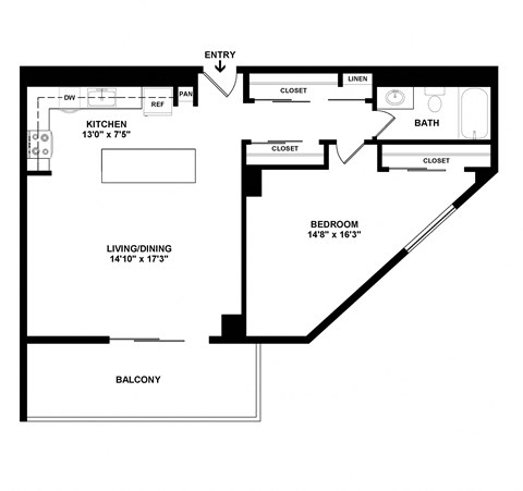 Floor plan for 1 bed, 1 bath, 715 sqft